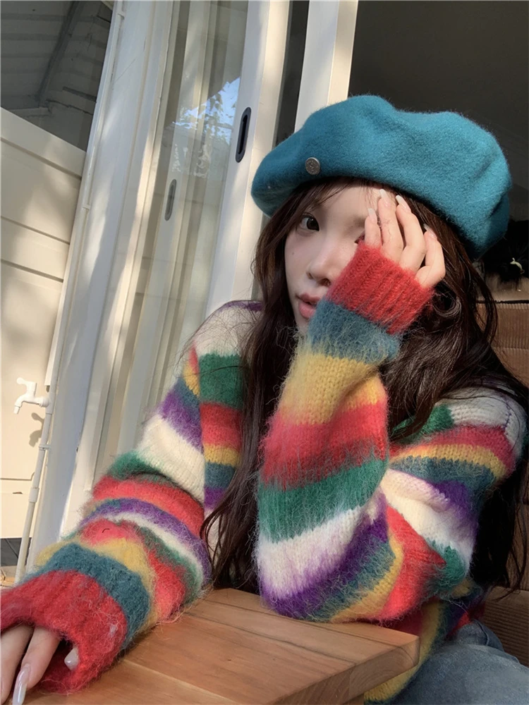 New 2024 Sweet Colorful Knitting Sweater Streetwear Autumn Winter Fashion Casual Cute Korean Sweater Pullover Women Thick Tops