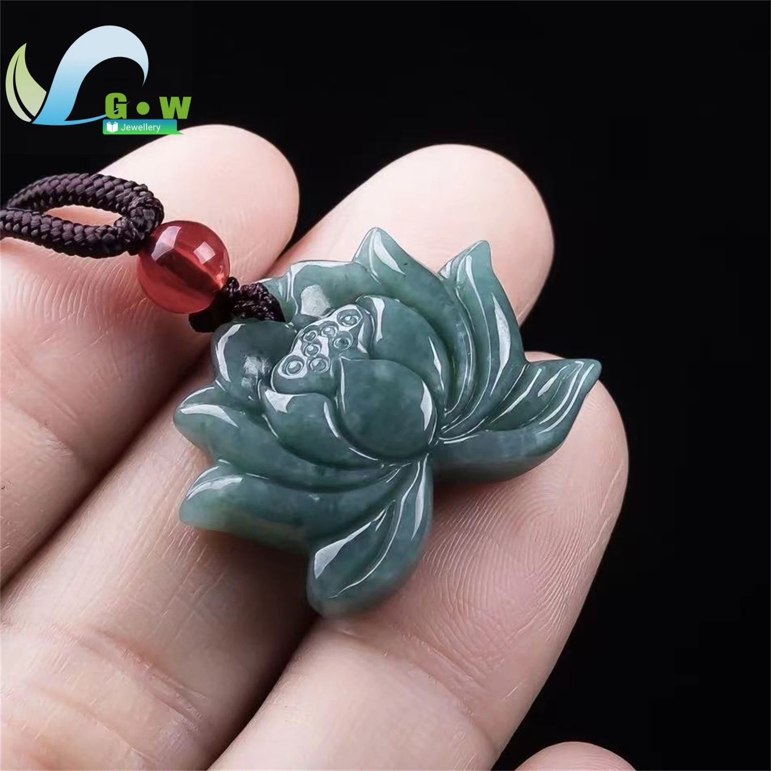 Natural A Grade Jadeite Blue Water Lotus Floral Pendant Icy Carved Hanging Ornament Women's Exquisite Ethnic Style Jewelry Gift