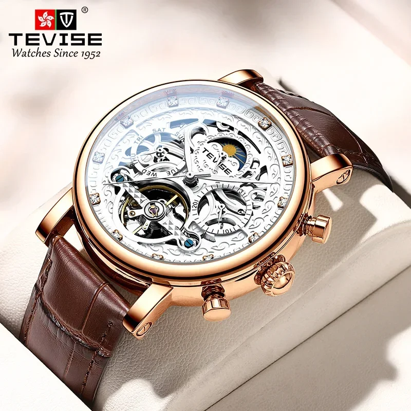 Business Diamond Day and Night Stars Hollow Tourbillon Automatic Mechanical Watch Man Double Calendar Waterproof Sports Watch