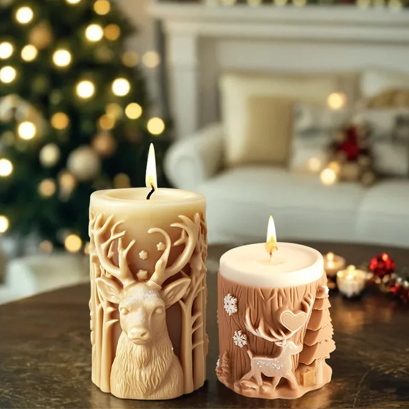 Elk spotted deer relief cylindrical candle silicone mold Christmas tree candle mould Christmas decor candle molds christmas gift