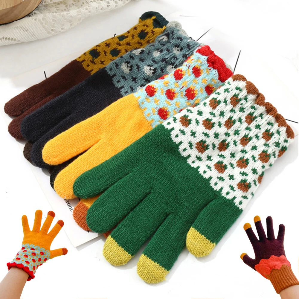 Knitted Touch Screen Gloves Thicken Warm Stretch Full Finger Gloves Women Men Winter Skiing Cycling Mittens Floral Guantes