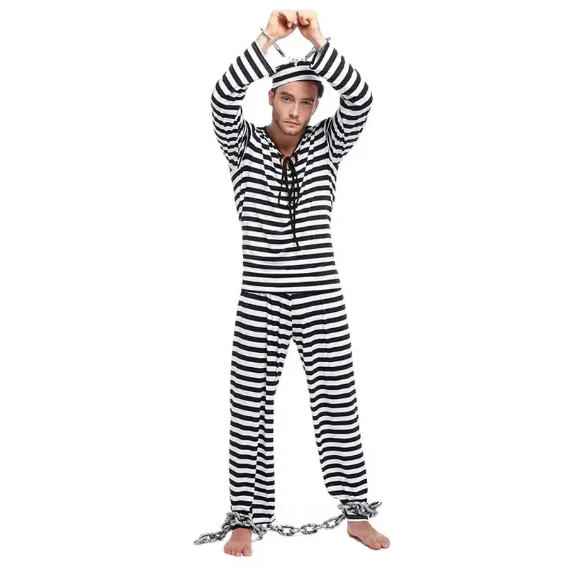 

Halloween Prisoner Costume Cosplay Performance Clothing Masquerade Prisoner Disguise Costume Black White Stripe Jailbird Set