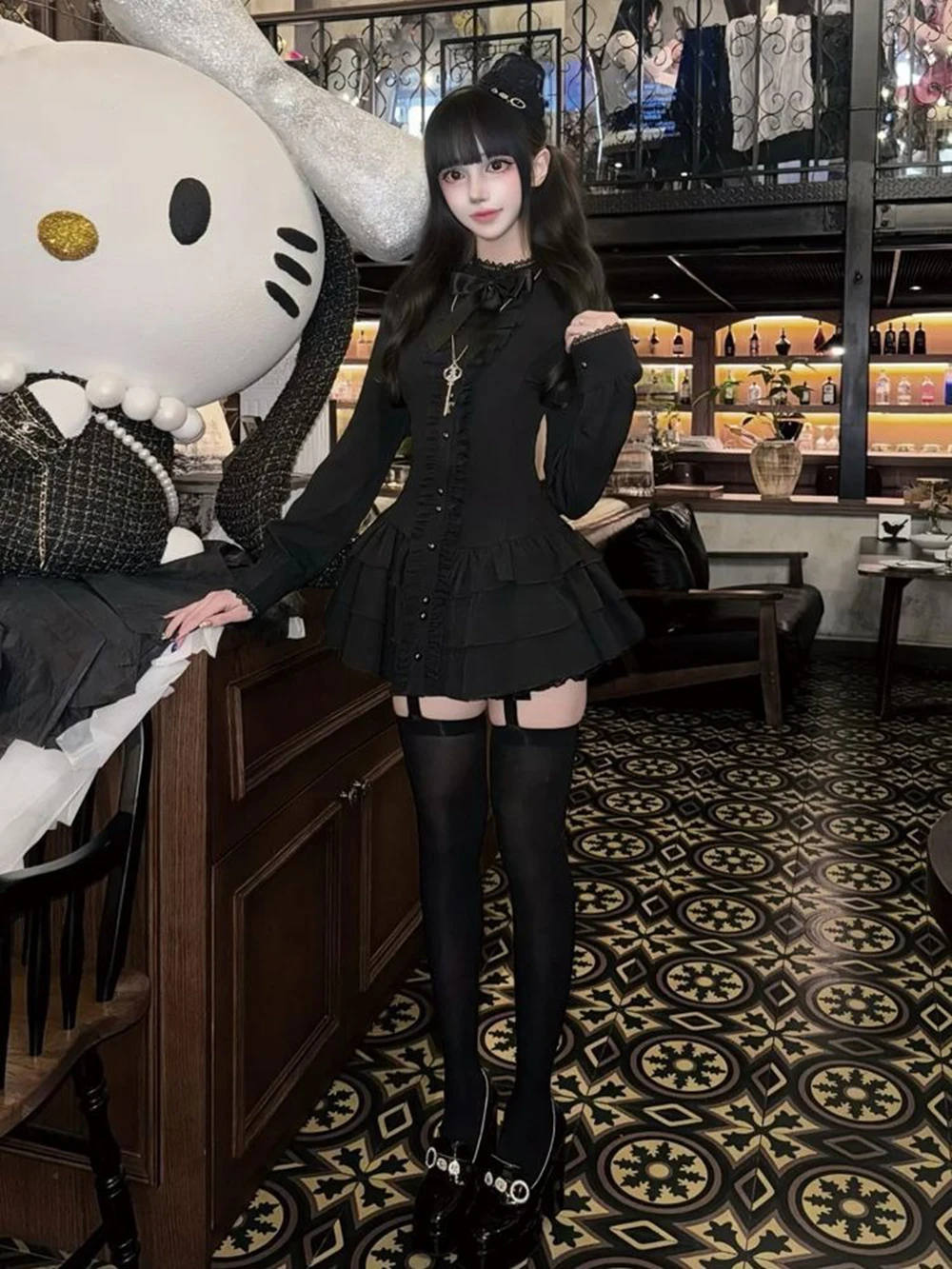 Damen Gothic Mini-Kleid Vintage Spitze Y2k Knopfdesign Streetwear Lolita Slim Kleid Kurzarm Elegantes Kleid Spicy Girls – Detail 10