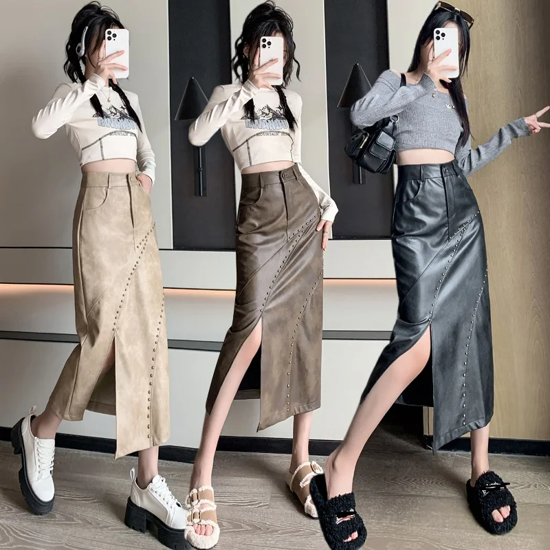 2023 Autumn/Winter High Waist Slim Mid length Heavy Duty Rivet Beaded PU Leather Wrap Hip Skirt Split Half Skirt A-line Skirt