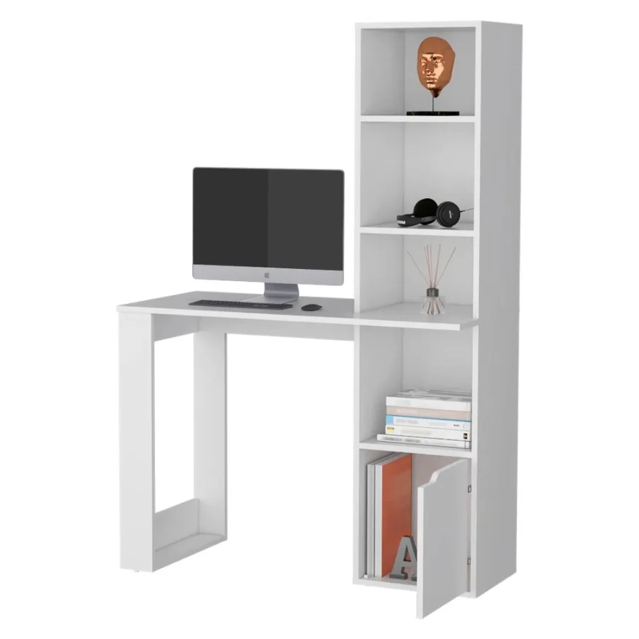 White Computer Desk 4-Tier Bookcase 1-Door Cabinet