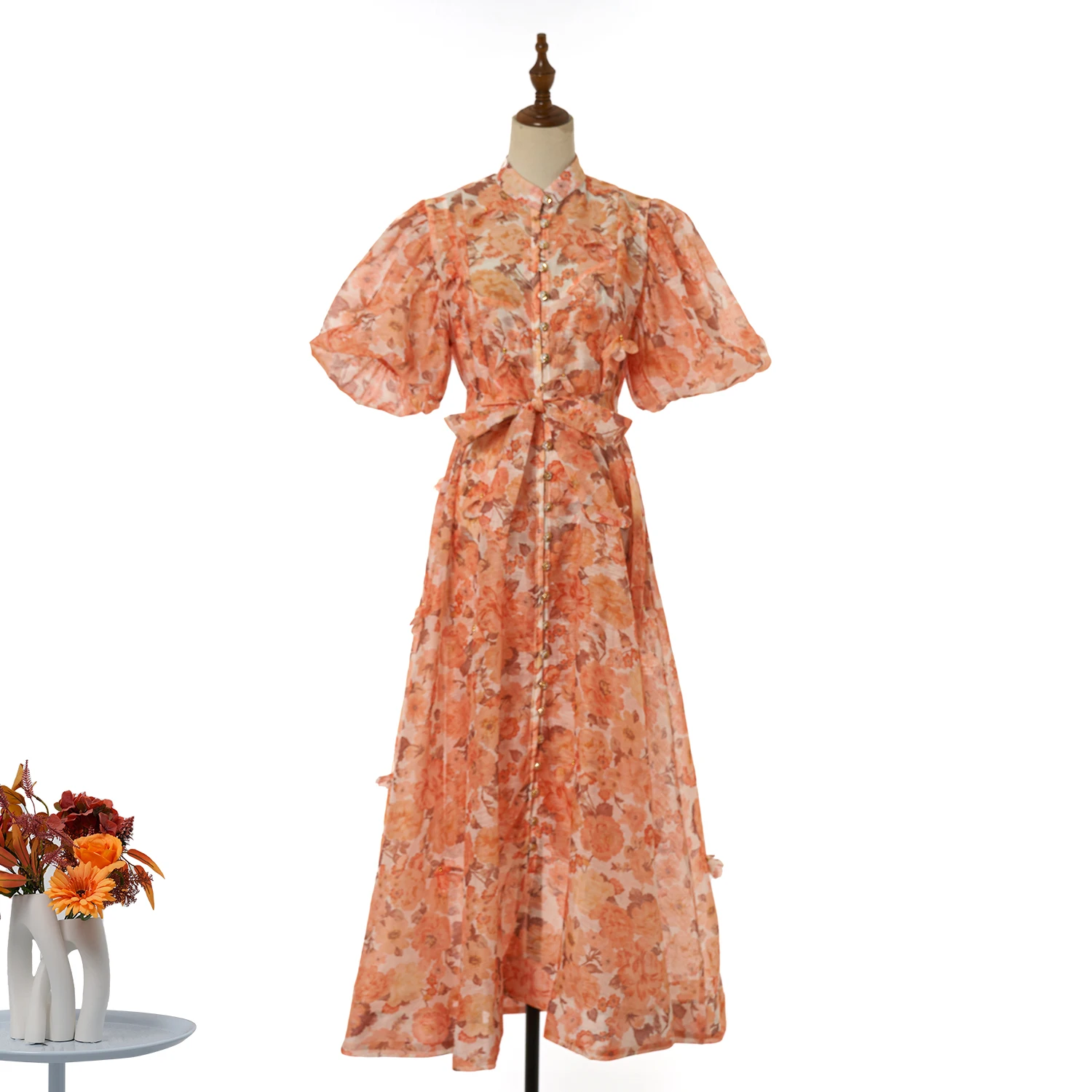 

New 2026 Court Sle Floral Print Bubble Sve Dr ow Design Heavy Embroidery Strapl Gown in Four Colors Women's Faion