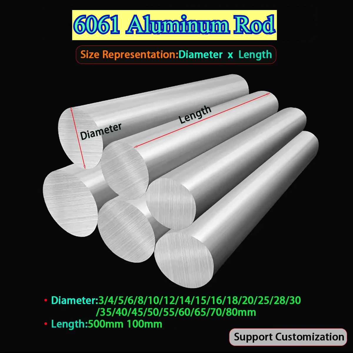 6061 Aluminum Rod Aluminum Round Bar Dia 3/4/5/6/8/10/12/14/15/16/18/20/25/28/30/35/40/45/50/55/60/65/70/80mm L100 500mm