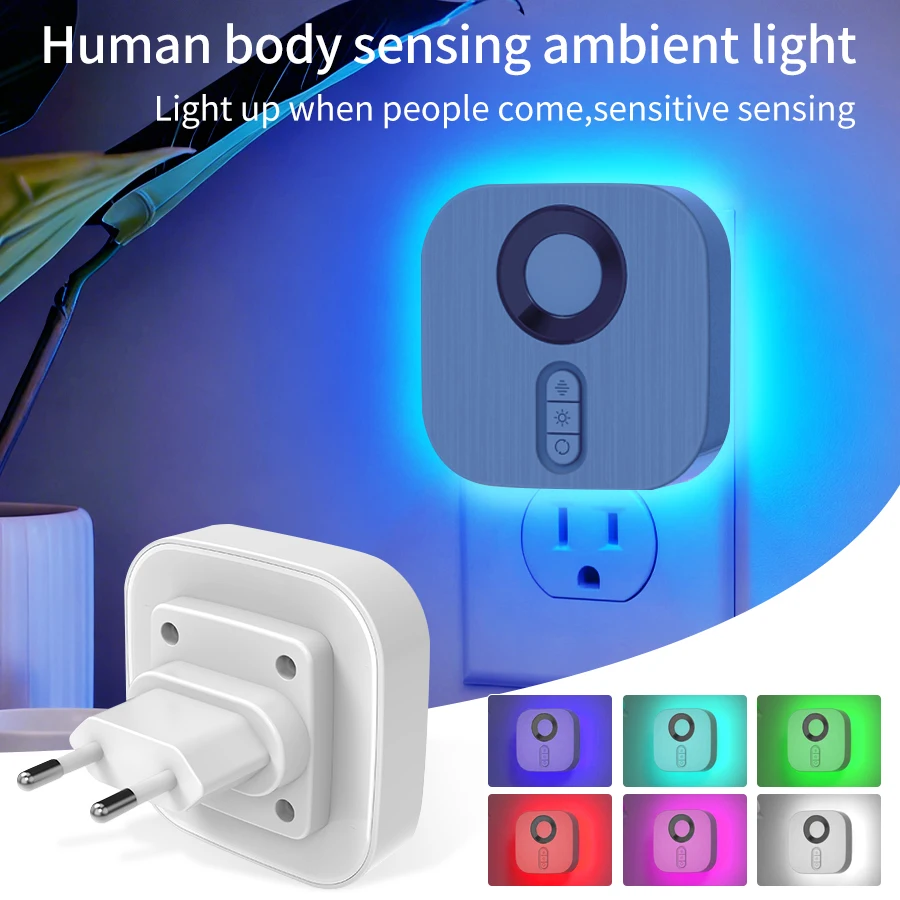

LED Night Light with EU Socket Motion Sensor RGB Color Ambient Wall Lamp for Bedroom Staircase Toilet Corridor Bathroom Study