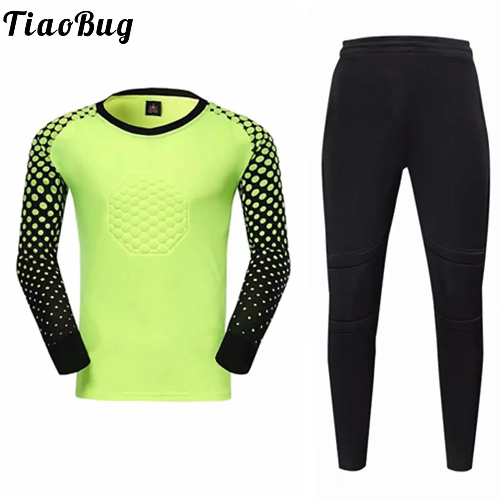 Kids Boys Color Block Football Match Uniform Goalkeeper Training Outfit Long Sleeve Round Neck Sponge Padded T-shirt Sweatpants