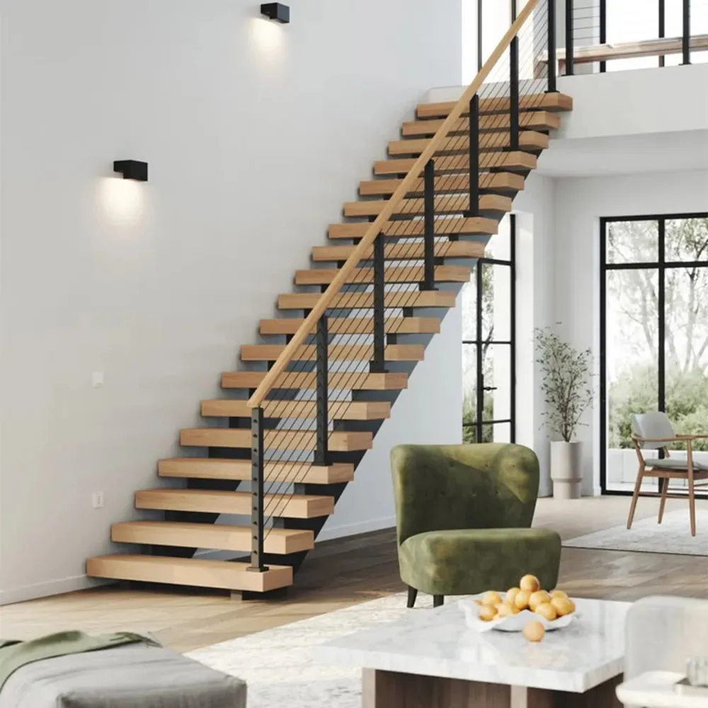 التصميم الحديث الطابق الثاني درابزين الدرج الداخلي من الخشب الصلب أضواء الخطوة أحادية سترينجر درابزين معدني #4