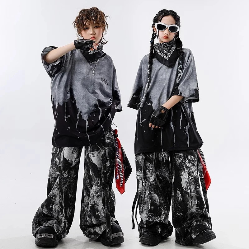 

Street Dance Suit Hip Hop Set Oversize Top T-Shirt Black Gray Shuffle Pants Children Performance Stage Costume Jazz Outfit 3535