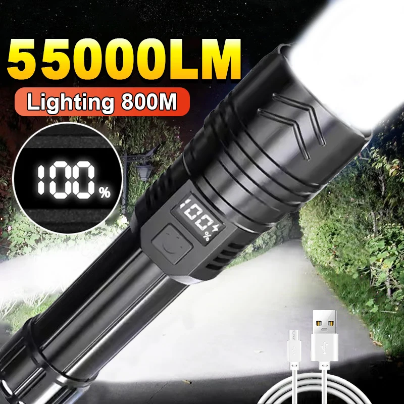 Powerful LED Flashlight with Battery USB Rechargeable Flash Light Telescopic Zoom Torch Lamp Outdoor Camping Fishing Lantern