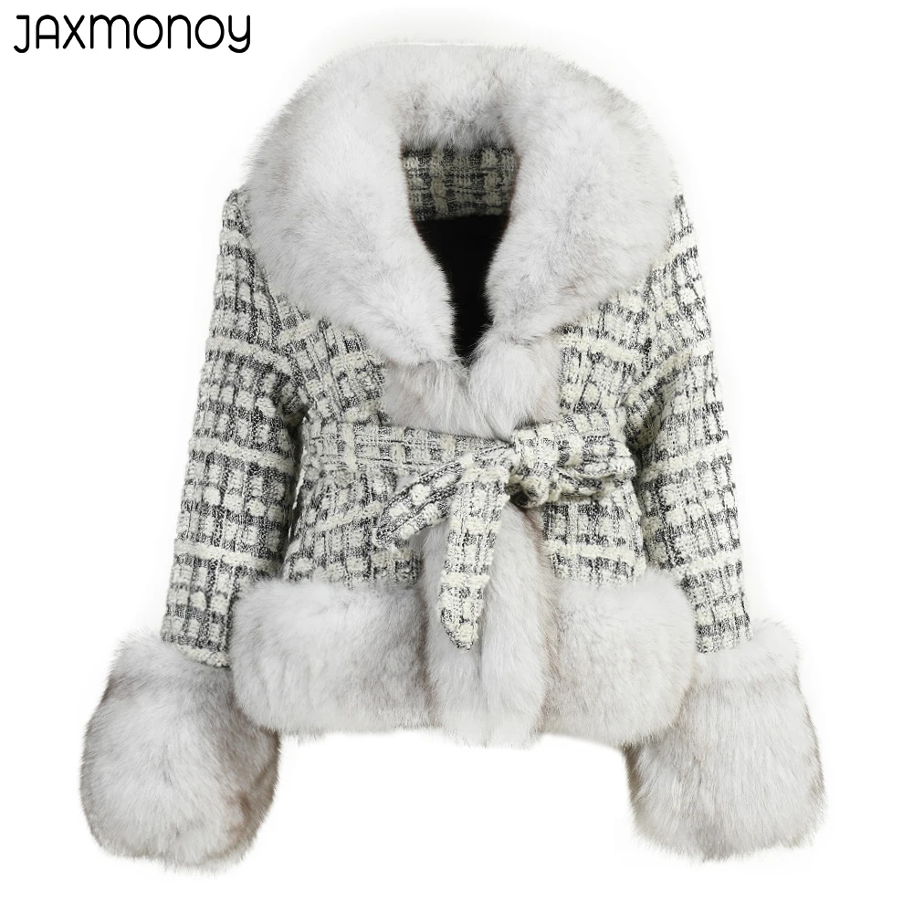 

Jaxmonoy Woman Winter Cashmere Coat Real Fox Fur Trim Lady Fashion Short Wool Tweed Jacket Autumn New Style Cropped Coat Female