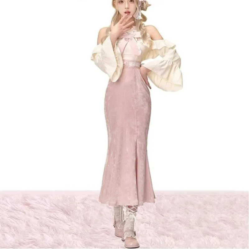 

Autumn Gentle Sweet French Elegant Lady Set Chic 2 Piece Set Lace Bow Patchwork Tops + Cinched Waist Skirt Design Woman Clothes