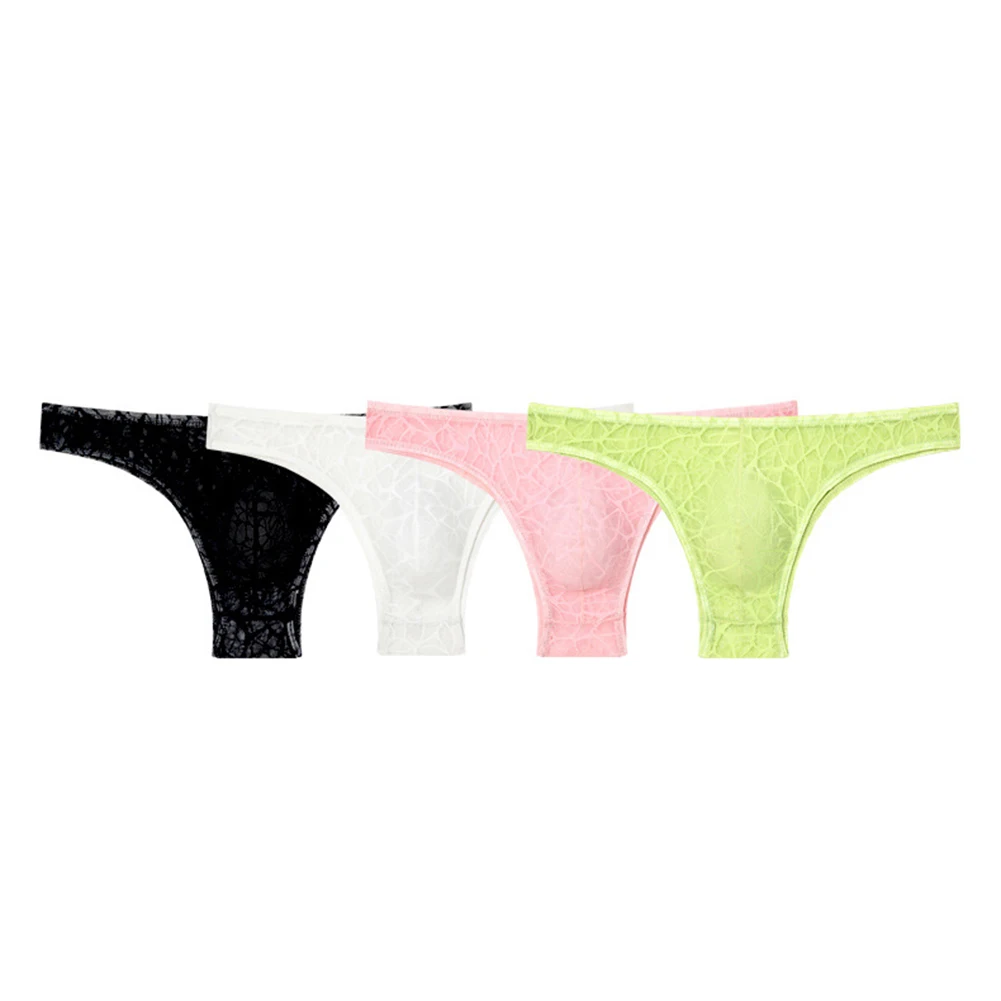 Men\'s Low Waist Lace Hollow Briefs Translucent Underwear for Men Half-Covered Butt Design Solid Color Daily Wear