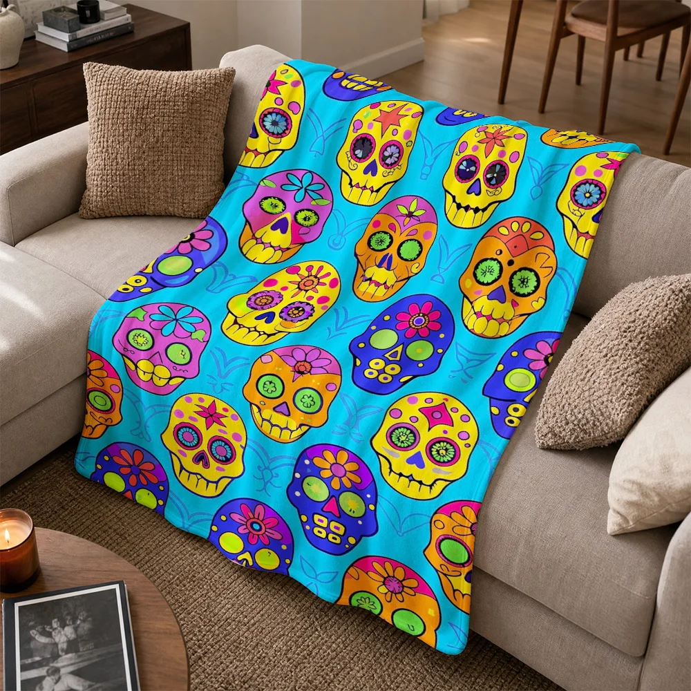 Vibrant Sugar Skull Day of the Dead Fiesta Throw Blanket Boho Macrame Couch Decor Gift