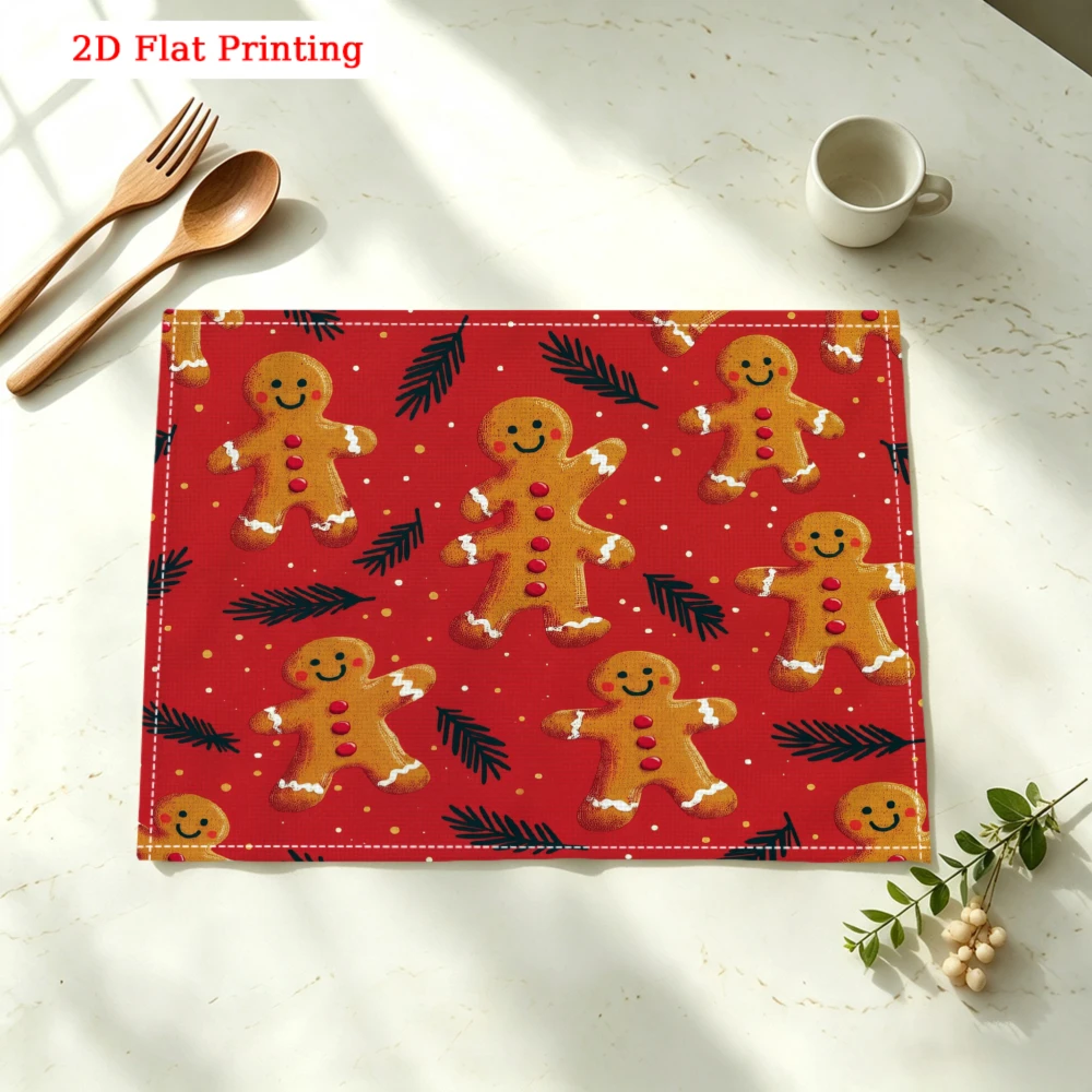 Gingerbread Men On Red Background Kitchen Placemat Coaster Linen Pad Dish Coffee Cup Table Mat 30x40cm Home Decor