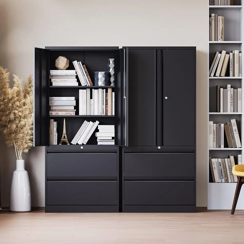 Lateral Metal Storage Cabinet with Locking Drawers or Letter/A4 Size Files (Black)