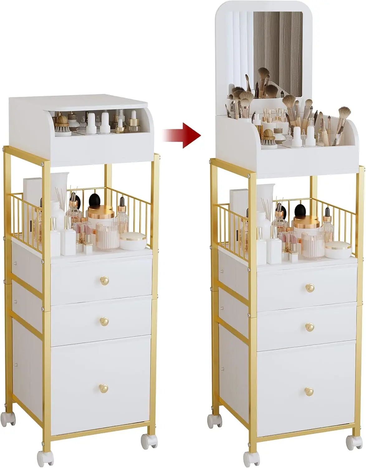 

Large Makeup Cart Organizer with Mirror, 3 Drawers & Wheels for Skincare and Cosmetics Storage (Gold)