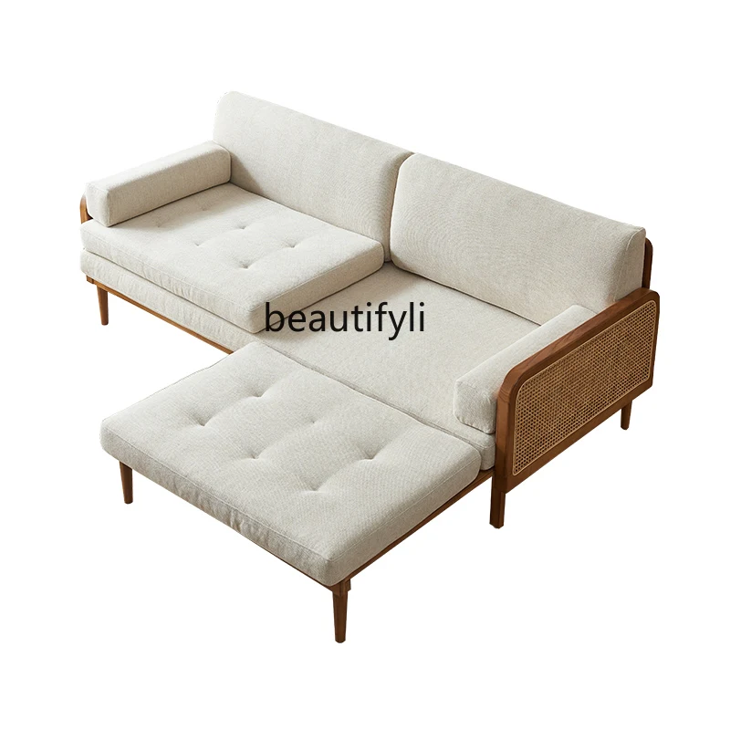 

Designer Courtyard Solid Wood Rattan Sofa Bed Living Room Sitting and Lying Double Multi-Functional Collapsible Bed with Rollers