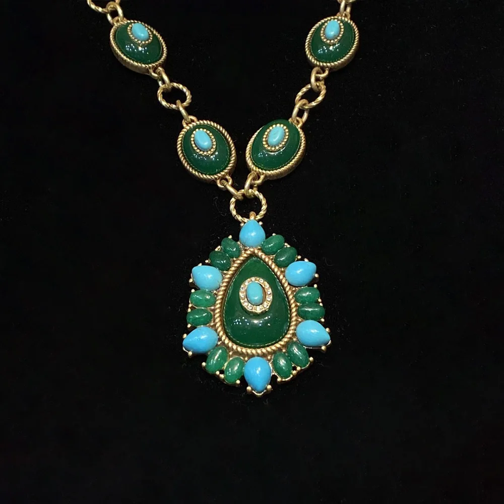 Medium copper plated 18K vintage gold with green and blue turquoise necklace for women jewlry whosale
