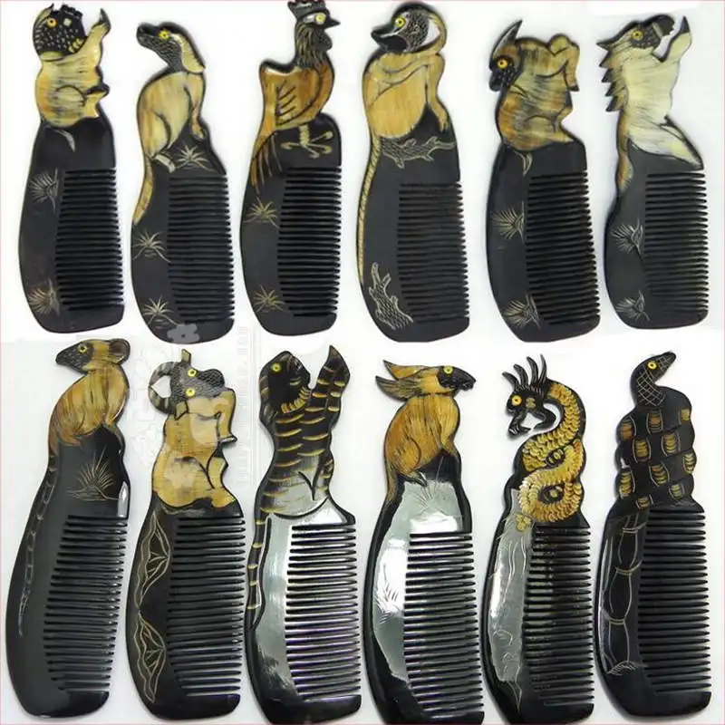 12PCS Natural Black Buffalo Carved Chinese 12 Zodian Animals Set Comb Heathy Gift Combs L001