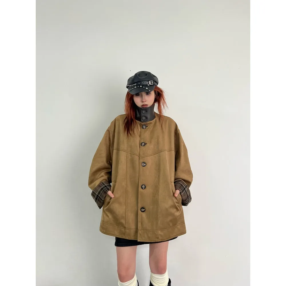 

SuperAen весенне-осенние новые однобортные куртки в европейскую и американскую клетку с длинными рукавами контрастного цвета с воротником-стойкой