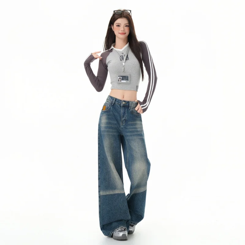 

American retro distressed washed loose straight wide-leg jeans for women