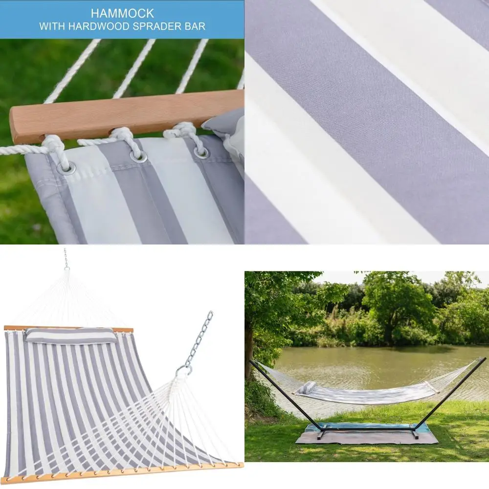 

2 Person Quilted Fabric Hammock with Spreader Bars and Detachable Pillow, 450 lbs, Gray White