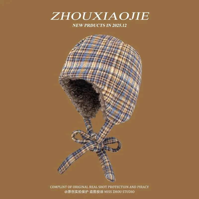 

Ins модные шапочки в клетку контрастного цвета для женщин, осенне-зимняя теплая защита ушей для путешествий, персонализированная мужская шапка