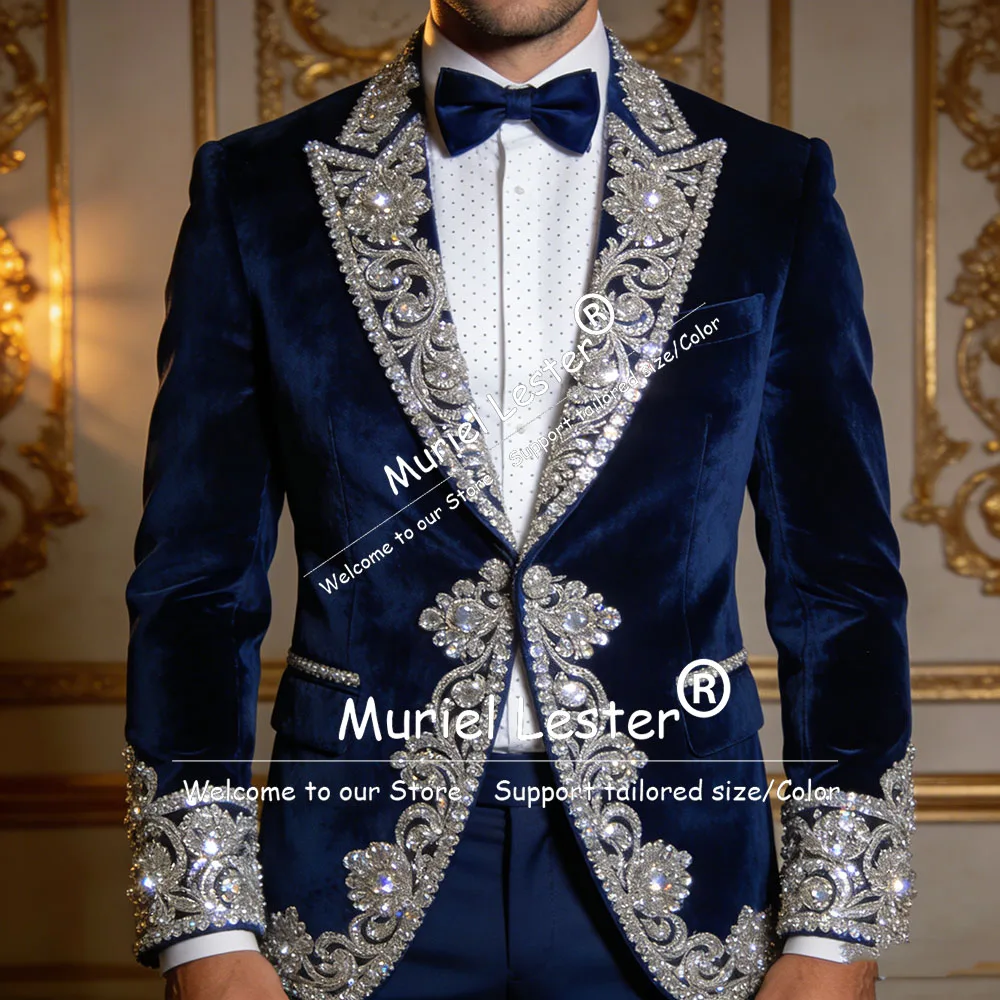 

Мужской костюм с бисером и стразами для свадьбы, однобортный бархатный пиджак и брюки, комплект из 2 предметов, смокинг для жениха, большие размеры, праздничный наряд для мужчин