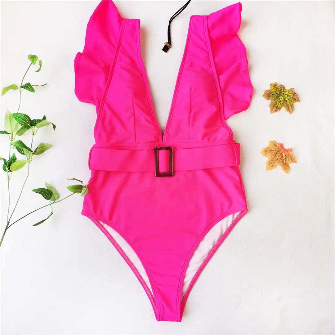 Weißer, sexy, geraffter, tief ausgeschnittener, einteiliger Badeanzug für Damen, Badebekleidung für Frauen mit Gürtel, Monokini, Badeanzug, Badebekleidung für Damen, V2198 – Detail 27