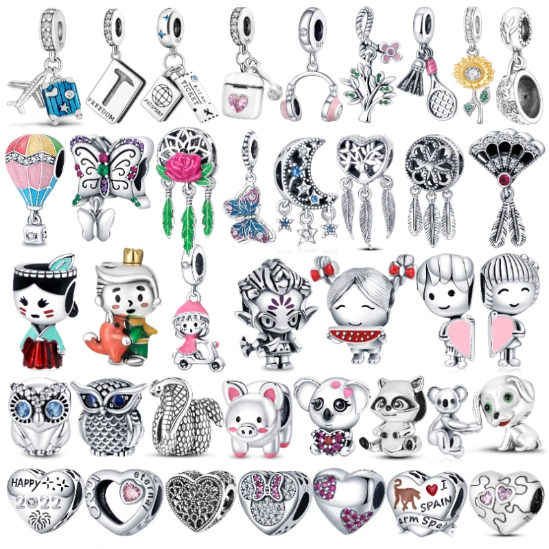 100% 925 Sterling Silver Travel Plane Passport Pendant Owl Cat Love Heart Charms Fit Pandora Bracelets DIY Jewelry Making