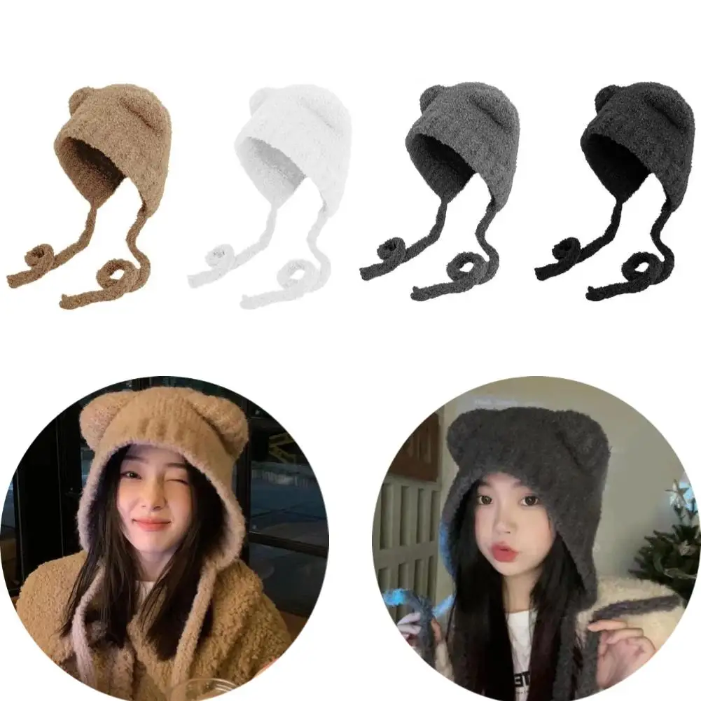 女性のぬいぐるみクマの耳のビーニー、編まれた爆撃機の帽子、イヤーマフ、ウールの帽子、暖かい耳の保護、韓国の原宿、y2k、かわいい、冬