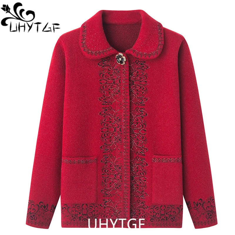 

UHYTGF Knitted Cardigans Sweater Coat Women Fashion Diamond Inlaid Winter Sweaters Female Casual Mom Short Knitwears Jacket 175