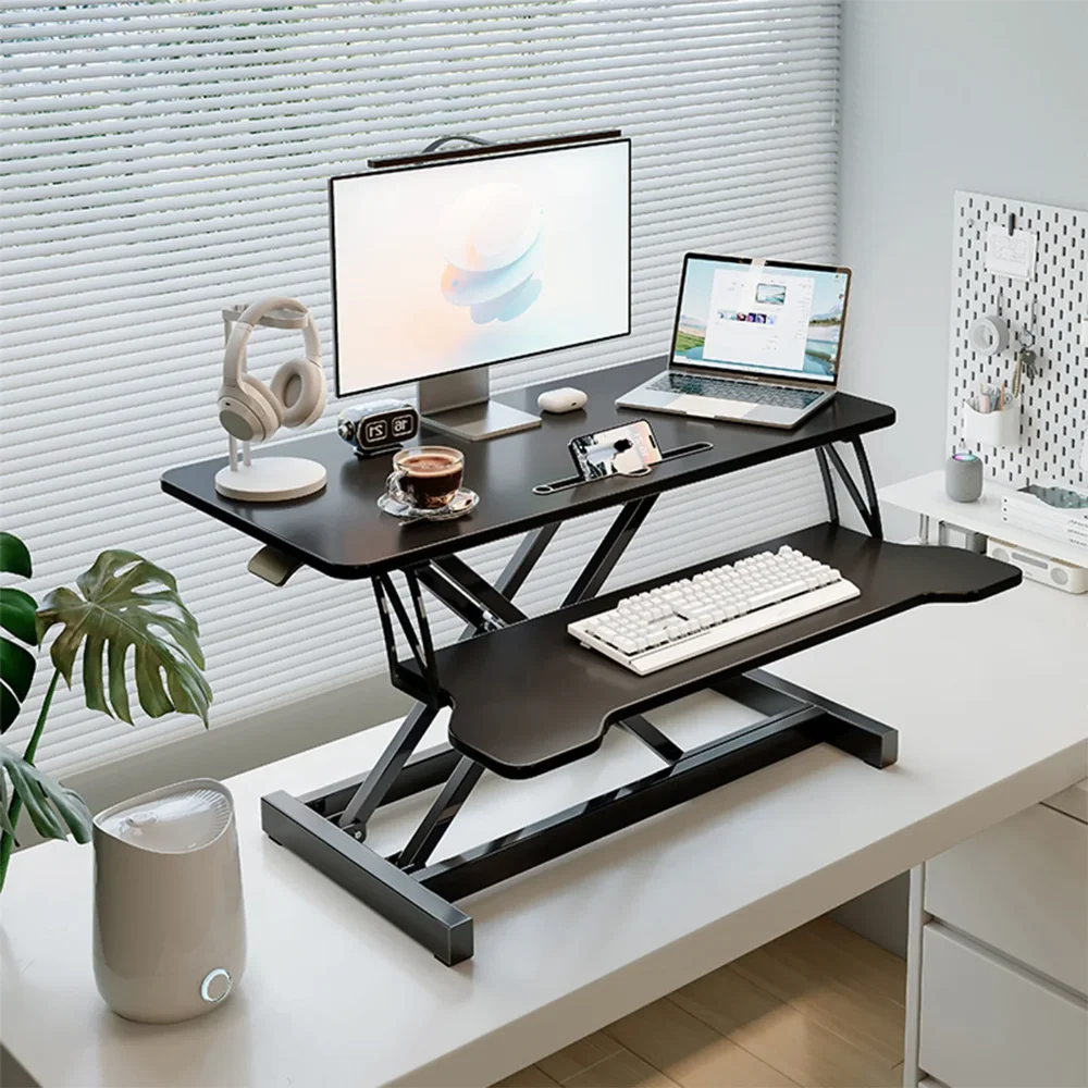 Adjustable Standing Desk Riser, Dual Layer Sit Stand Converter with X-Shaped Support Gas Spring Lift Home Office Workstation