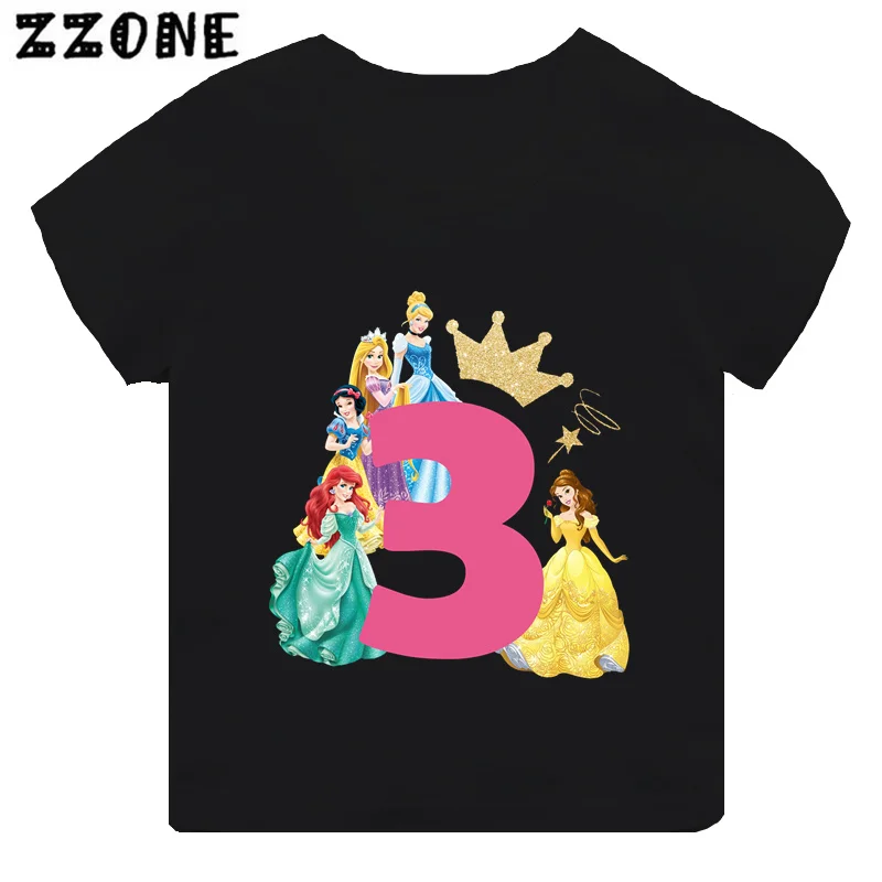 Disney Princess Number Print Kawaii Girls Clothes 1 2 3 4 5 6 7 8 9 Years Birthday Cartoon Kids T shirt Baby Children T-Shirt