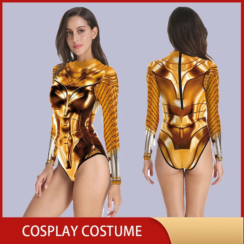 Movie Superhero Cosplay Costumes 3D Print Jumpsuit Gold Silver Long Sleeve Tight Bodysuit Zentai Fetish Outfit Women Muscle Suit