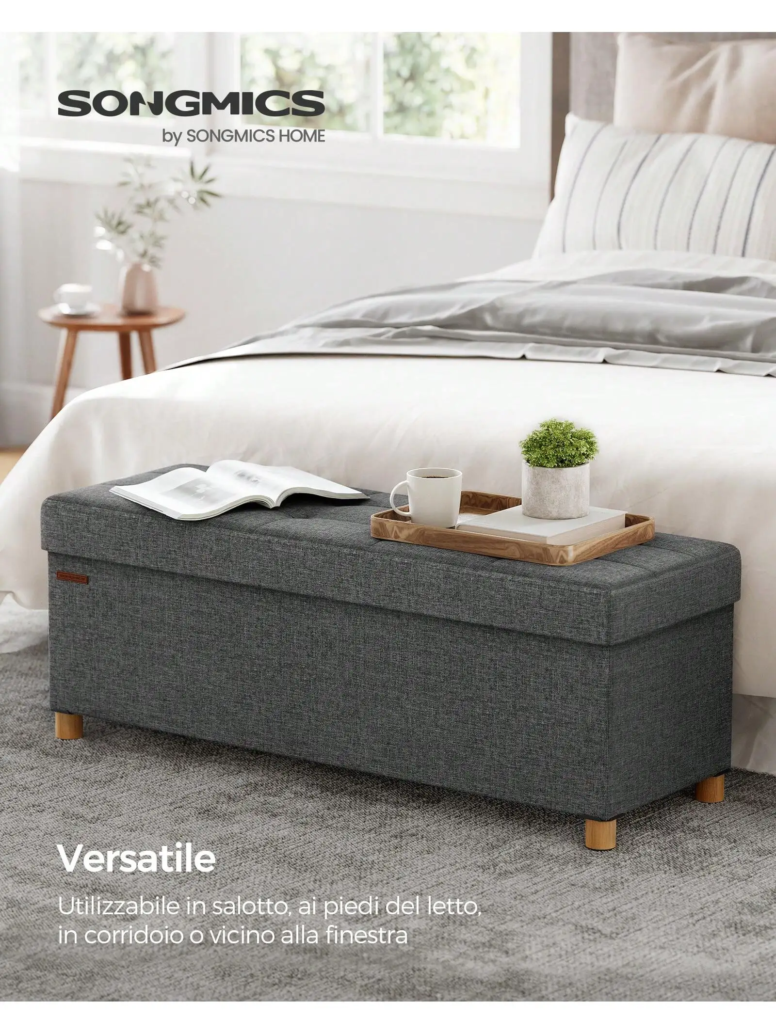 Pouf SONGMICS, scatola portaoggetti, sgabello con poggiapiedi, pieghevole, panca, 38x110x40 cm, per soggiorno e camera da letto