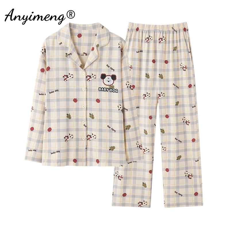 Autumn Winter Faux Cotton Nightwear Lady Long Sleeves Loungewear Women Pajamas Set Elegant Turn-down Collar Sleepwear for Girl