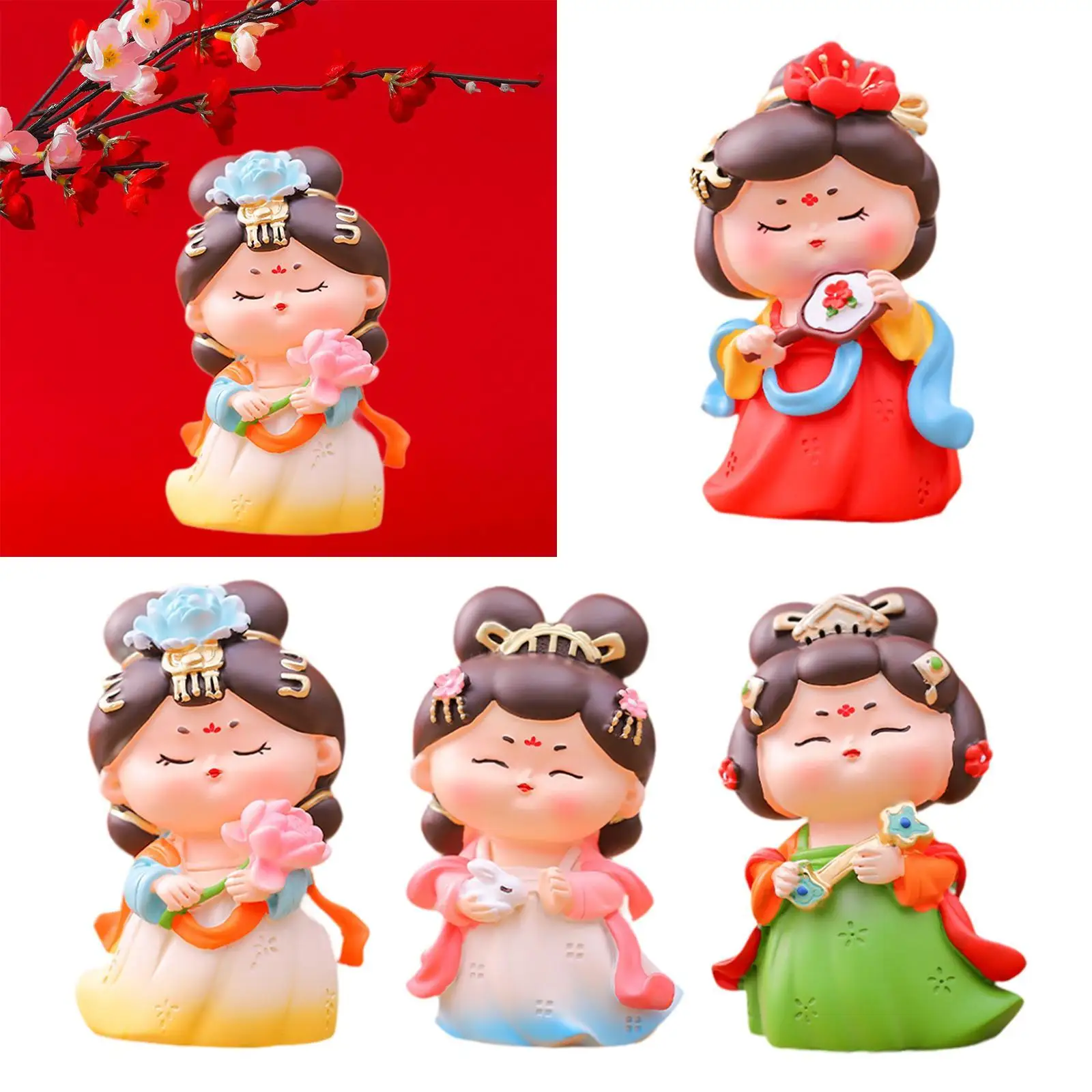 Chinese Tang Girl Figurine Doll Resin Sculpture 7.7x7.2x11.2cm Handicraft for