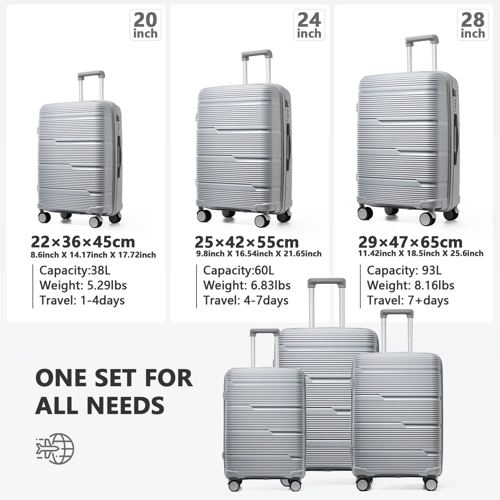 3PCS Luggage Sets Travel Suitcase with TSA, Women Carry on Luggage Men Cabin Trolley Case 10KG Large Suitcase Sets 20 24 28 Inch