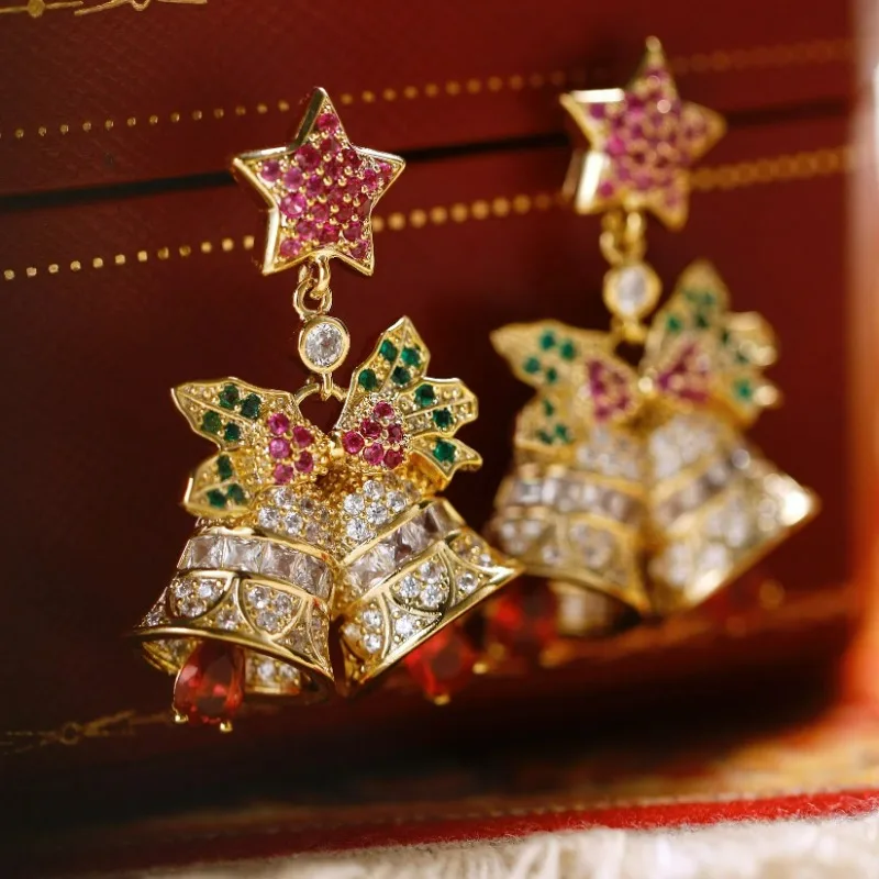 Miracle Christmas Series Retro Exquisite Sparkling Zircon Fuchsia Glasses Light Luxury Christmas Atmosphere Bell Star Earrings