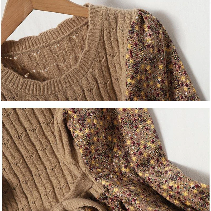 Spring Autumn New Slim Knitted Long Dress Joker Corduroy Women's Floral Dress Age-reducing Splicing Bands Female Casual Fashion