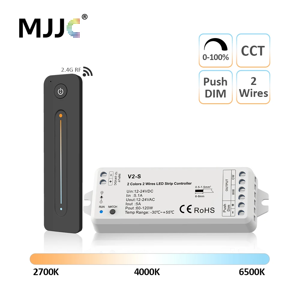 12V 24V DC CCT LED Controller 1CH*5A  2 Wires 2.4G RF Wireless Receiver WW CW Dual White Remote Control for LED Strip Light V2-S