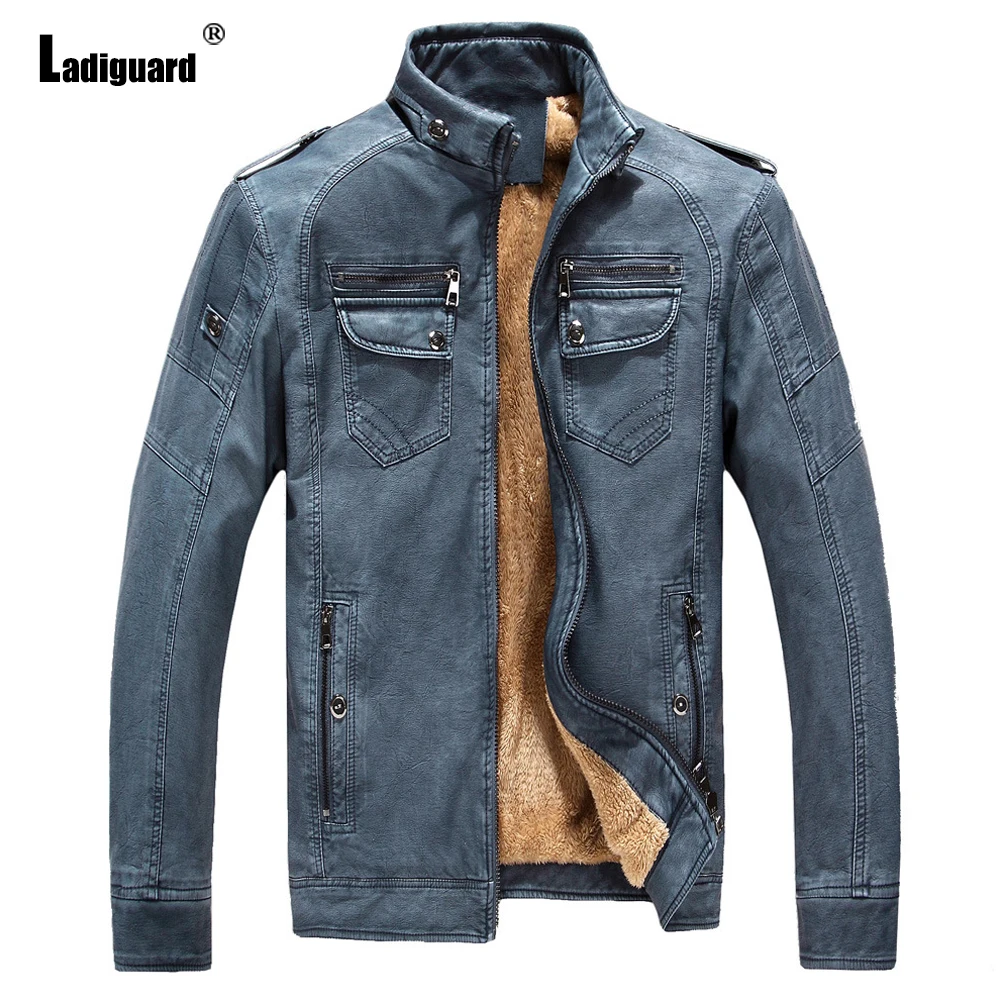 

2024 New Flocking Pu Leather Jackets Men Fashion Zipper Tops Outerwear Mandarin Collar Overcoats Blue Soft Faux Leather Jackets