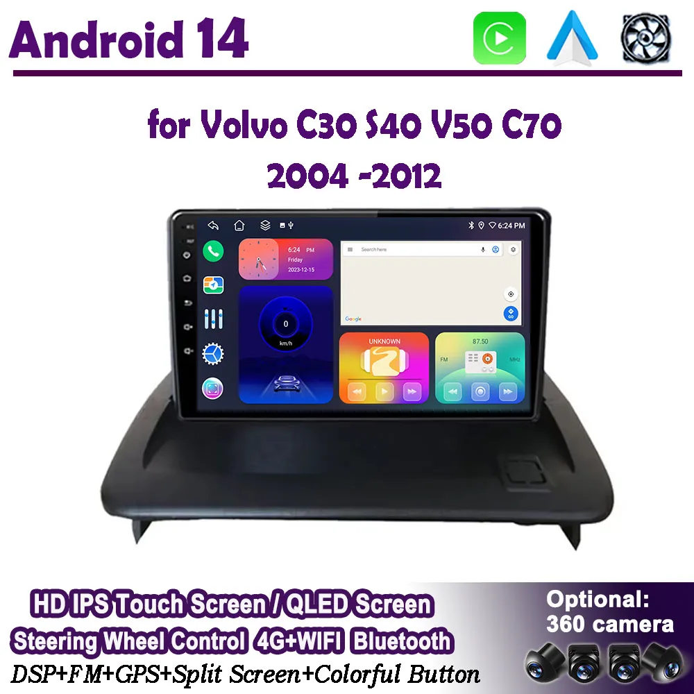 Carplay Android 14 for Volvo C30 S40 V50 C70 2004 -2012 Car Radio Multimedia Video Player QLED Screen GPS Navigation Auto stereo