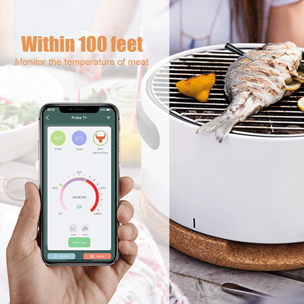 Meat Thermometer with Bluetooth 165ft Wireless Thermometer Smart Food Thermometer with USB Charging Cable for Oven Gril