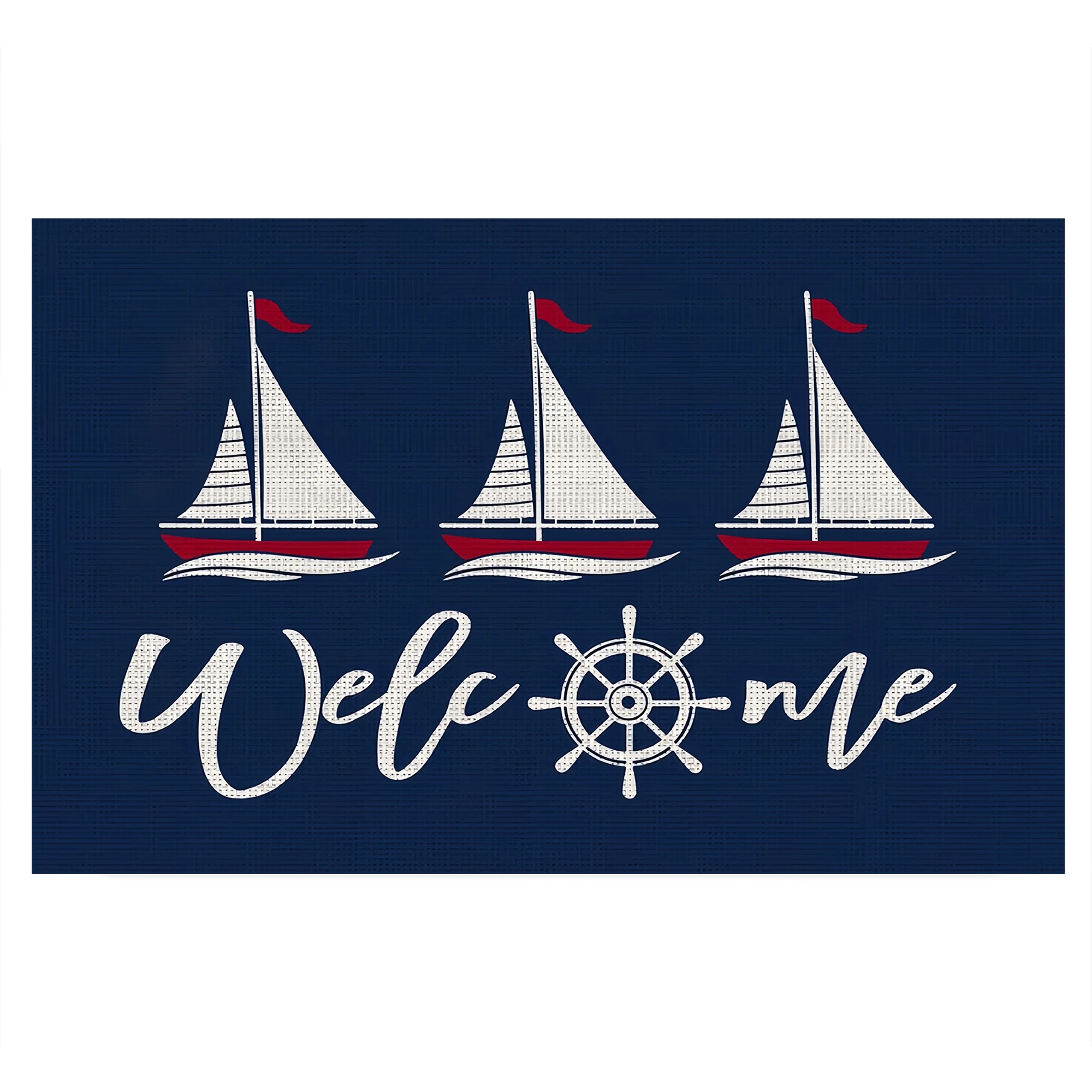 Nautical Sailboat Welcome Doormat Rubber Coastal Beach House Entry Mat Navy Blue Sailboat & Ship Wheel Rug Decorative Floor Mat