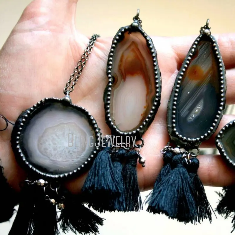 NM40612 Agate Slice Crystal Tassel Necklace Natural   Double Sided  Statement  Halloween Jewelry